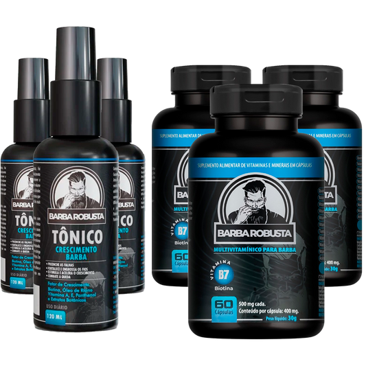 Combo de Crescimento Barba Robusta - 3 Tônicos + 3 Aceleradores (Multivitamínico)