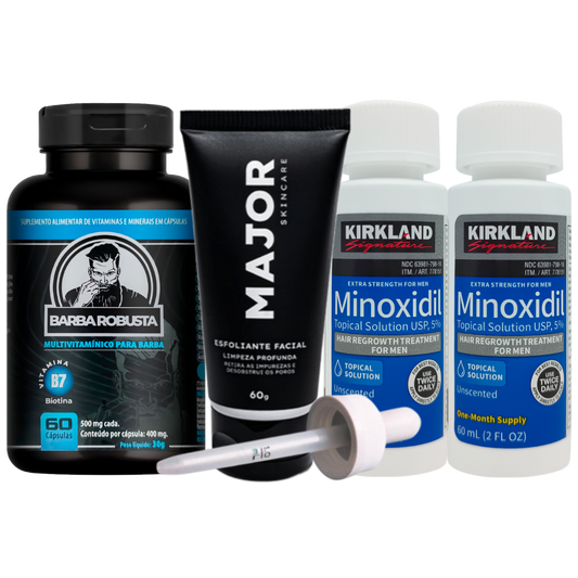 KIT LENHADOR- Minoxidil Kirkland 2un + Multivitamínico Barba Robusta + Esfoliante MAJOR