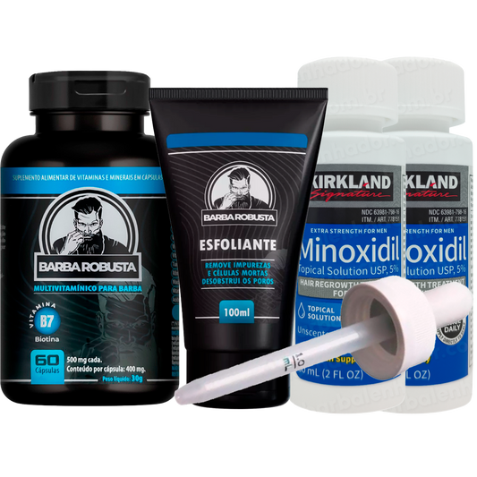 KIT LENHADOR- Minoxidil Kirkland 2un + Multivitamínico Barba Robusta + Esfoliante